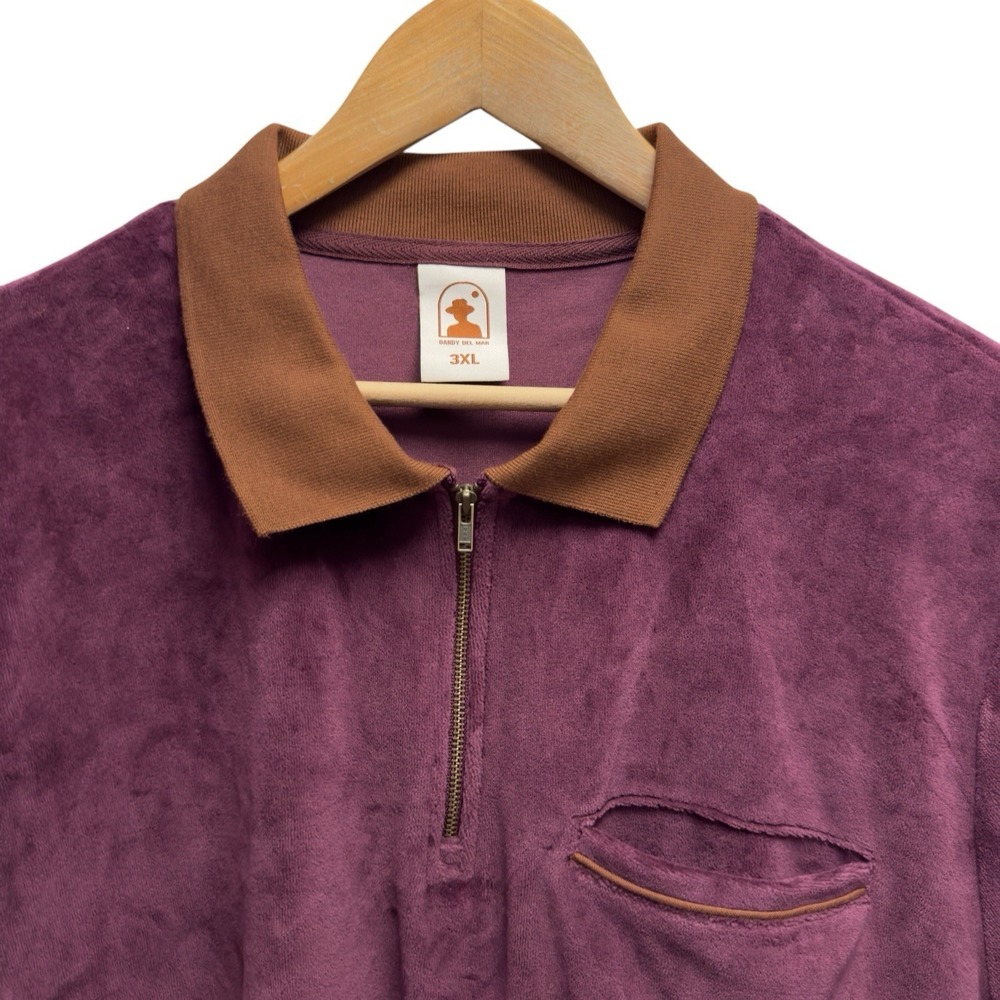 Dandy Del Mar Mens Sz 3XL Purple/Brown 1/4 Zip Velvet Velour Pullover Polo Shirt